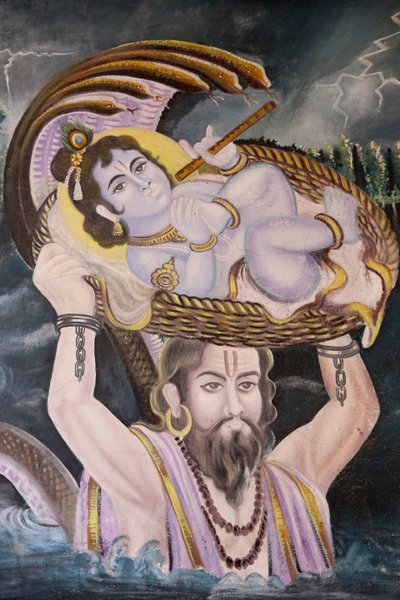 Pintura en Gokul: Krishna como un bebé llevado sobre el río Yamuna por Vasudeva, India de Unbekannt