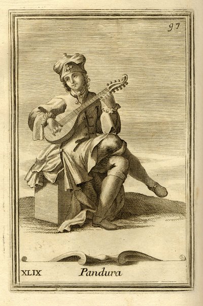 Instrumento de cuerda pandura de origen bizantino, antepasado de la mandolina. En el "Gabinetto Armonico" de Filippo Bonanni, Roma. de Unbekannter Künstler