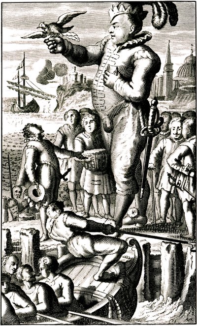 Pantagruel envía noticias a Gargantua mediante una paloma mensajera (Rabelais) de Alec Hunter