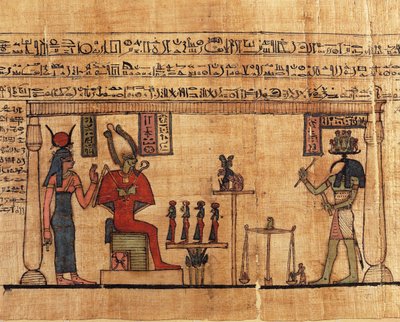 Papiro del Primer Libro de la Respiración de Ousirour, Thoth pesando el alma de Ousirour ante Isis y Osiris de Alec Hunter