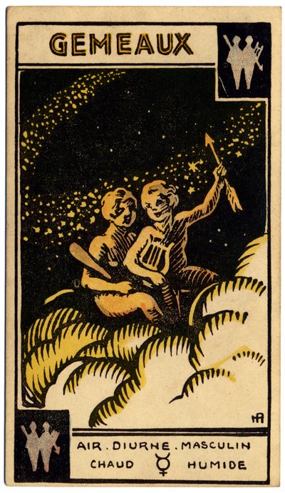 Paranormal. Astrología. Géminis (los Gemelos). Carta astrológica de: Le Tarot Astrologique (Tarot Astrológico), de Georges Muchery, Francia. de Unbekannter Künstler