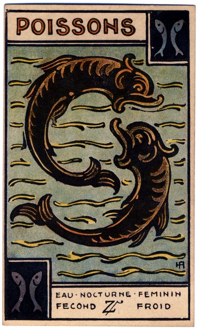 Paranormal. Astrología. Piscis (el Pez). Carta astrológica de: Le Tarot Astrologique (Tarot Astrológico), de Georges Muchery, Francia. de Unbekannter Künstler