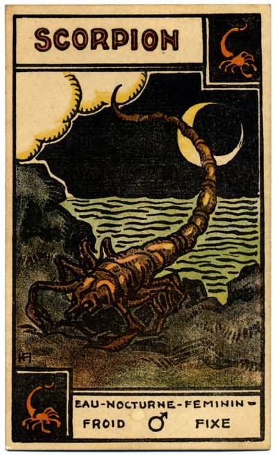 Paranormal. Astrología. Escorpio (el Escorpión). Carta astrológica de: Le Tarot Astrologique (Tarot Astrológico), de Georges Muchery, Francia. de Unbekannter Künstler