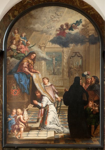 Iglesia parroquial (Parochiekerk Onze-Lieve-Vrouw). Interior. Pintura. La Virgen entregando una casulla a San Ildefonso. de Unbekannter Künstler
