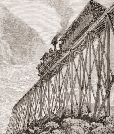 Parte de un ferrocarril de cuatro kilómetros de largo en New Hampshire, Estados Unidos, construido para viajes recreativos y para que los pasajeros disfruten de vistas panorámicas, c.1880, de 