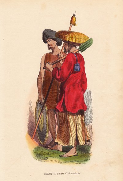 Peasant et soldat Cochinchinois (Vietnam) - Hombres de Vietnam (Cochinchine): soldado con turbante, escudo y lanza, y campesino con sombrero de paja, túnica y pala - xilografía coloreada a mano por Mercier de "Moeurs, Uses et Costumes de tous les Peuples d de Unbekannter Künstler