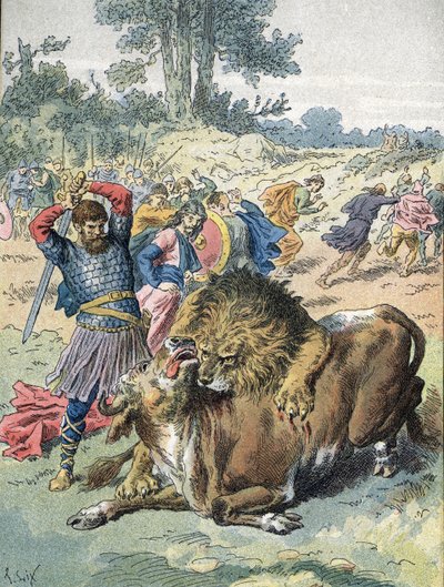 Pepino el Breve luchando contra un león y un toro en el Campo de Marte para demostrar su valor (751) de Unbekannter Künstler
