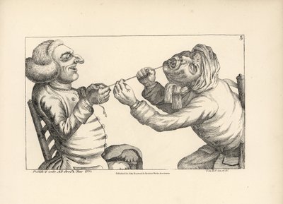Médico riendo mientras tira de la muela de un paciente con una cuerda. Grabado en cobre según una ilustración satírica de Timothy Bobbin (John Collier) (1708-1786) de Human Passions Delineated, John Haywood, Manchester. de Unbekannter Künstler