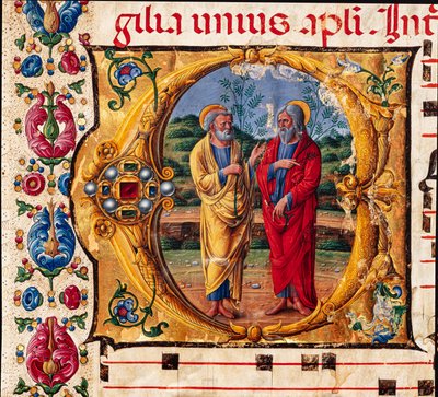 Biblioteca Piccolomini: libro de coro, cod. 16.1, ff. 2r con "Dos Apóstoles", de Girolamo da Cremona. Detalle. de Unbekannter Künstler