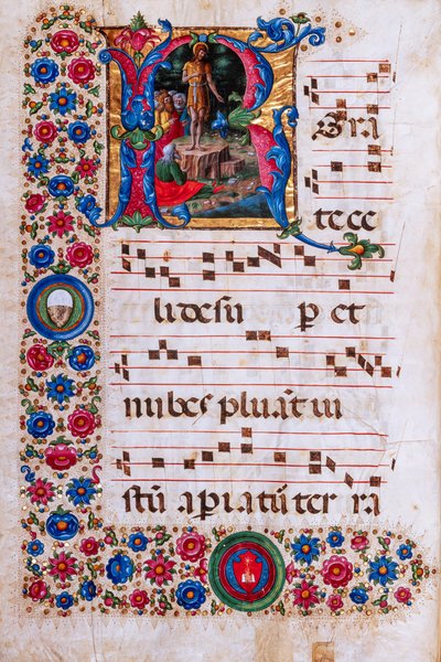 Biblioteca Piccolomini: libro de coro, cod. 18.3, ff. 45v con "Predicación de San Juan Bautista", de Girolamo da Cremona. de Unbekannter Künstler