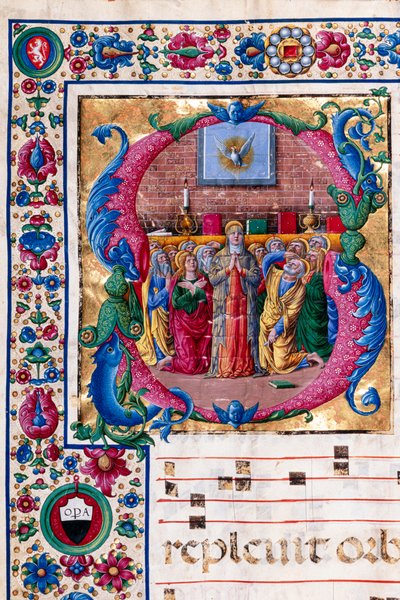 Biblioteca Piccolomini: libro de coro, cod. 23.8, ff. 100v con "El Pentecostés", de Girolamo da Cremona. Detalle. de Unbekannter Künstler