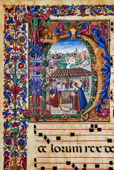 Biblioteca Piccolomini: libro de coro, cod. 2.B, ff. 5v con la "Natividad", por el iluminador florentino. Detalle. de Unbekannter Künstler