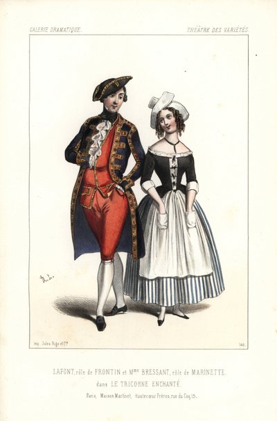 Pierre-Cheri Lafont en el papel de Frontin y Madame Bressant o Augustine Dupont como Marinette en Le Tricorne Enchante de Theophile Gautier, Theatre des Varietes de Unbekannter Künstler