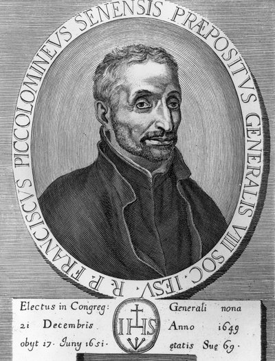 Retrato de Francesco Piccolomini (1582-1651), jesuita italiano, fue Superior General de la Compañía de Jesús de 1649 a 1651, grabado de William M. Timlin