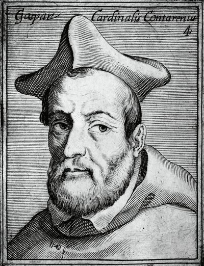 Retrato de Gasparo Contarini (1483-1542), cardenal y obispo italiano, grabado de Illustrissimorum, omnique virtutis, et scientiarum laude praestantissimoru virorum icones, por Claudius Pernetus de William M. Timlin
