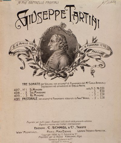 Retrato de Giuseppe Tartini. Frontispicio de la partitura de las Sonatas de Unbekannter Künstler