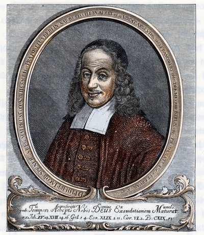 Retrato de Philipp Jacob Spener (Philippe Jacques Spener) (1635-1705) Teólogo luterano fundador del pietismo (pietismo) Grabado de "Germania" de Johannes Scherr 1880 Colección particular de Unbekannter Künstler