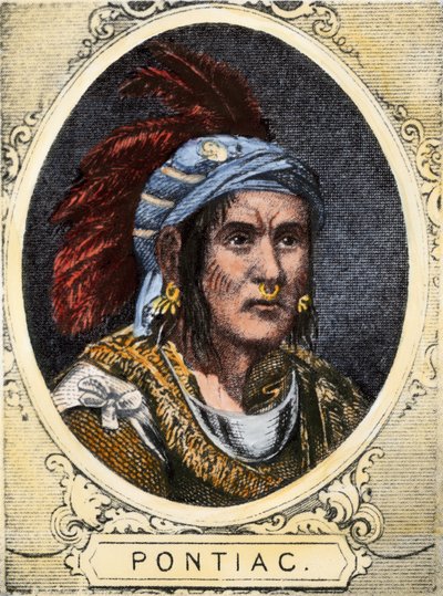 Retrato de Pontiac (u Obwandiyag, ca. 1714-1769), jefe de la tribu india de los indios outaouais de Detroit (Nación Ottawa). Grabado en color del siglo XIX. de Unbekannter Künstler