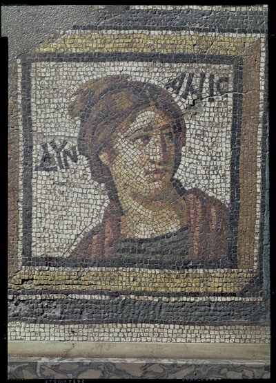 Retrato de una mujer, detalle de un mosaico del pavimento que representa las estaciones y escenas de caza, de la Villa Constantiniana en Daphne, romana, c.325-330 d.C. de Unbekannt