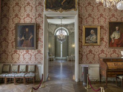 Retratos de hombres incluyendo el de Armand Gaston de Rohan (1674-1749), en traje de cardenal, pintura de Hyacinthe Rigaud (1659-1743). Gran gabinete del príncipe, arquitecto Germain Boffrand (1667-1754). Hotel de Soubise, París de Unbekannt