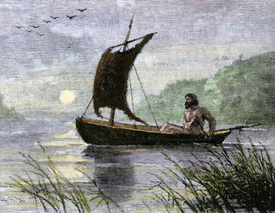 Navegación prehistórica, canoa a remo con vela de piel de animal. de Unbekannter Künstler
