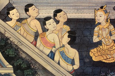 Príncipe Rama. Detalle mural en las paredes interiores del Vihara de la era del rey Rama III que representa el Ramakian. Wat Pho - Wat Phra Chettuphon. 1788. Bangkok. Tailandia de Unbekannt