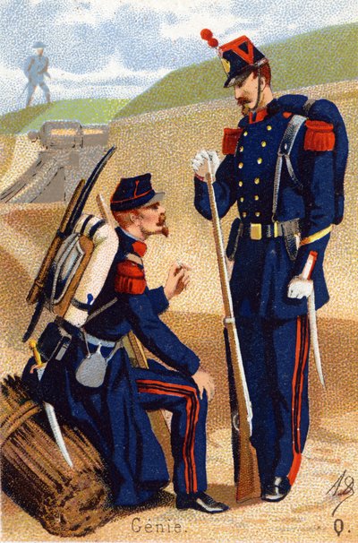 Q: Genio. Grabado en "Alfabeto Militar". Iniciales del ilustrador: A. D. Editor desconocido. Cromolitografías finales del siglo XIX. de Unbekannt