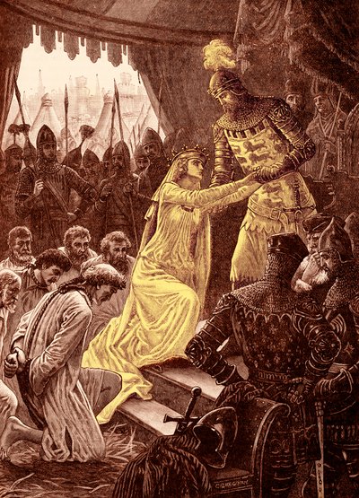 La reina Philippa intercede por los burgueses de Calais en 1347 (grabado) de Unbekannter Künstler