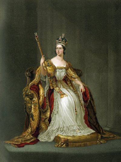 La reina Victoria de Inglaterra con sus ropas de coronación en 1837 de Unbekannter Künstler