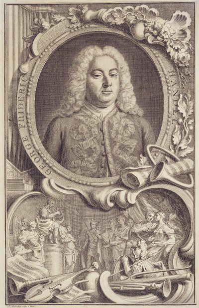 RM 7.f.5 George Frederick Handel (1685-1759), frontispicio de "Israel en Egipto", grabado por Jacobus Houbraken (1698-1780) de Unbekannter Künstler