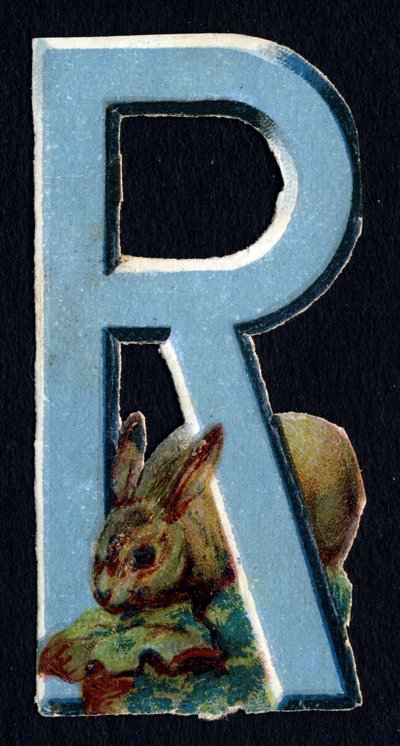 R de Conejo. Escarabajo decoupis sobre el tema de los animales. Grabado. Serie de 26 cromolitografías de gofre de origen inglés. Editor e ilustrador desconocidos. Finales del siglo XIX. de Unbekannt