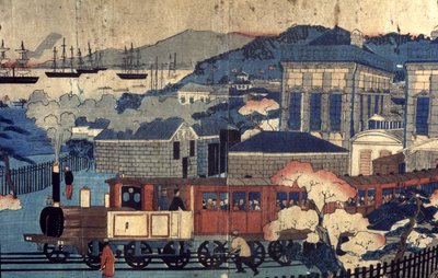 Ferrocarril en un puerto japonés, finales del siglo XIX (grabado) de Unbekannter Künstler