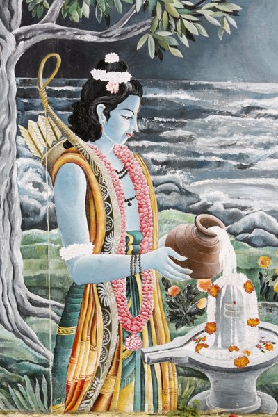 Rama vertiendo leche sobre el lingam de Shiva. Pashupatinah, Katmandú, Nepal de Unbekannt