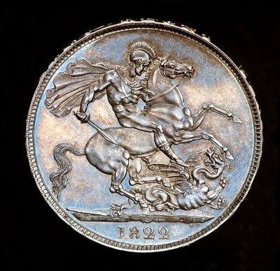 Rara Moneda Británica, Rey Jorge IV, Corona de Plata a Prueba, Patrón de Inglaterra a caballo con espada a punto de matar al dragón, troqueles de Bernedetto Pistrucci de Unbekannter Künstler