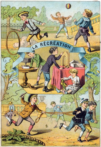 Recreo en el patio de la escuela. Grabado en "Alphabet des petits ecoliers". Imágenes de Epinal, circa 1885. Colección Privada de Unbekannt