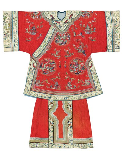 Túnica informal de dama y falda de delantal de fondo rojo, siglo XIX-XX de Unbekannt