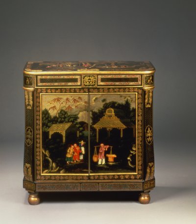 Gabinete lateral negro japanned Regency tole peinte, mostrando puertas frontales pintadas con figuras de comerciantes en un paisaje, raro, c.1815 de Unbekannt