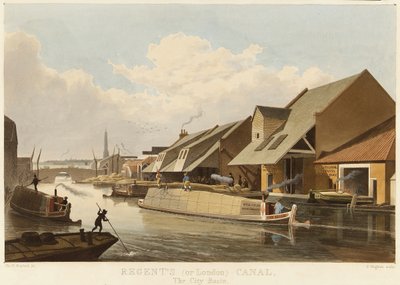 Regent Canal (o Canal de Londres) (Inglaterra) y el Islington City Basin, el centro de tráfico más importante del canal, descrito con almacenes y muelles de carga para mercancías de Unbekannter Künstler