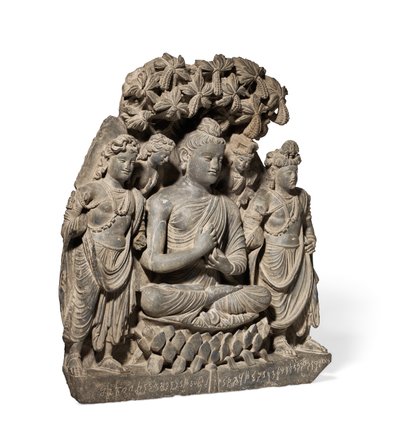 Relieve Tríada de Buda Shakyamuni con Bodhisattvas, siglos III-IV (esquisto gris) de Unbekannter Künstler