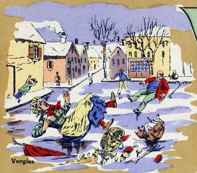 Residentes de un pueblo deslizándose sobre hielo en invierno. Alfabeto ilustrado. Imágenes reunidas en Jarville-Nancy, principios del siglo XX. Dim: 40 x 29 cm. Litografía sobre fondo bistre de Unbekannt