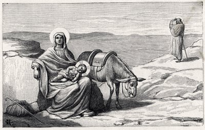 Descanso durante la huida a Egipto. Alfabeto del niño Jesús. Edición de 1932. Grabados en madera firmados H G. Colección privada de Unbekannt