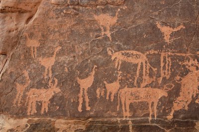 Arte rupestre, Prehistoria: Detalle de un grabado de un conjunto de avestruces y ganado en el macizo de Uweinat, Egipto (Periodo de 8000 a 3000 años a.C.) de Unbekannt
