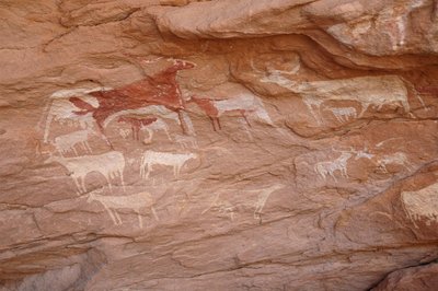 Arte rupestre, Prehistoria: Pintura de un conjunto de ganado en un refugio ornamentado, en el macizo de Uweinat, Sudán (Karkur-Talh o Karkur Talh). Periodo de 8000 a 3000 años a.C. Fotografía de Unbekannt