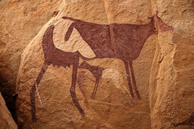 Arte rupestre, Prehistoria: Pintura rupestre de una gran vaca bicolor y su ternero en un refugio ornamentado, en el macizo de Uweinat, Sudán. Período de 8000 a 3000 años a.C. Fotografía de Unbekannt