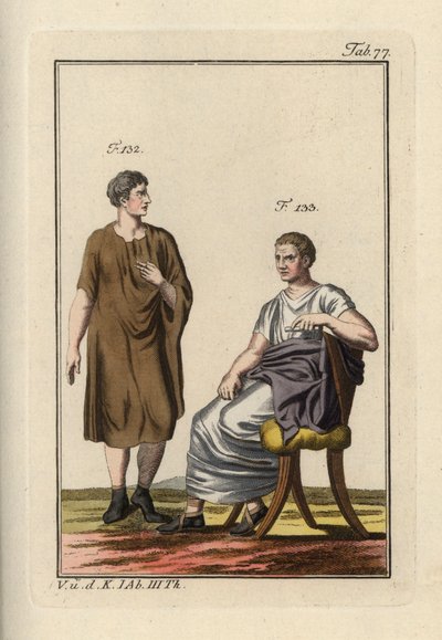 Hombre romano con paenula y senador romano sentado. Grabado en cobre coloreado a mano de la obra de Robert von Spalart "Historical Picture of the Costumes of the Principal People of Antiquity and of the Middle Ages" (1798). de Unbekannter Künstler