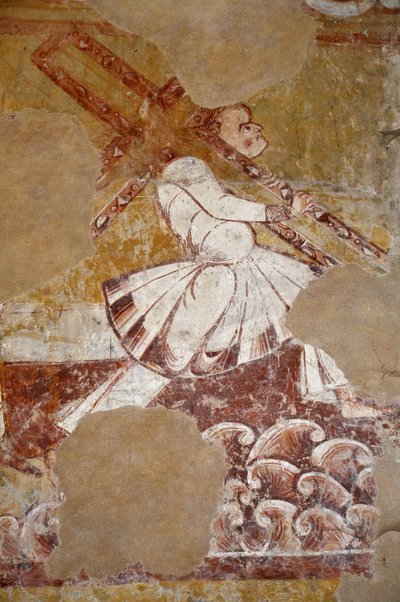 Arte románico: Simón de Cipere lleva la cruz de Cristo. Vista detallada de los frescos del coro "La vie du Christ" (siglo XIII) de la iglesia de San Martín (Saint Martin de Unbekannter Künstler