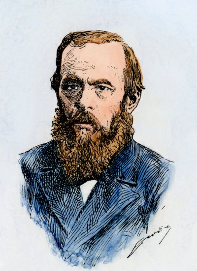El novelista ruso Fiódor Dostoyevski (1821-1881). Xilografía coloreada a mano de una ilustración del siglo XIX. de Unbekannter Künstler