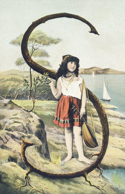 S: Una joven con falda corta y corpiño sin mangas sostiene una mandolina en su mano izquierda. Decorado campestre - Alphabet personajes Ref Th. E., L. Theochrom - Serie 994. Theodor Eisman, editor, Leipzig de Unbekannt
