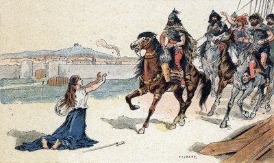 Santa Genoveva (422-502) ante el rey de los hunos Atila - Invasiones bárbaras - Ilustración de Camille Gilbert de 1890 (grabado) de Unbekannt