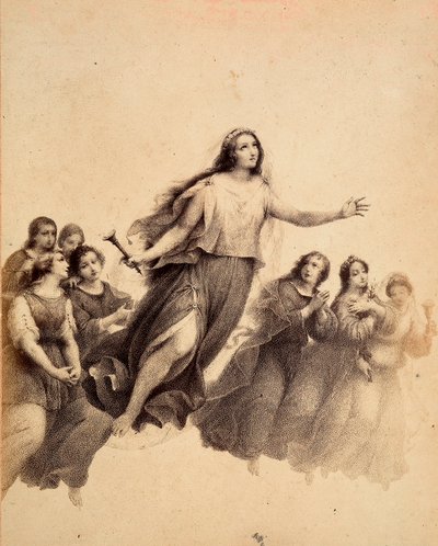Santa Lucía, con la antorcha en la mano, vuela por el firmamento del Empíreo, rodeada de jóvenes. Ilustración del Canto XXXII del Paradiso de La Divina Comedia de Dante Alighieri. Obra de Francesco Scaramuzza dedicada al Ayuntamiento de Florencia. de Unbekannter Künstler